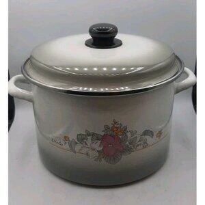 Vintage Gray Enamel Pot With Floral Pattern Viola Cookware Lidded